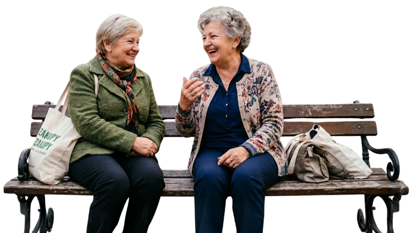 Dwie seniorki ze stowarzyszenia rozmawiające w ogrodzie